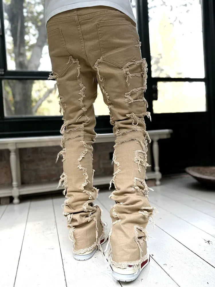 Beige Stacked Flare Jeans